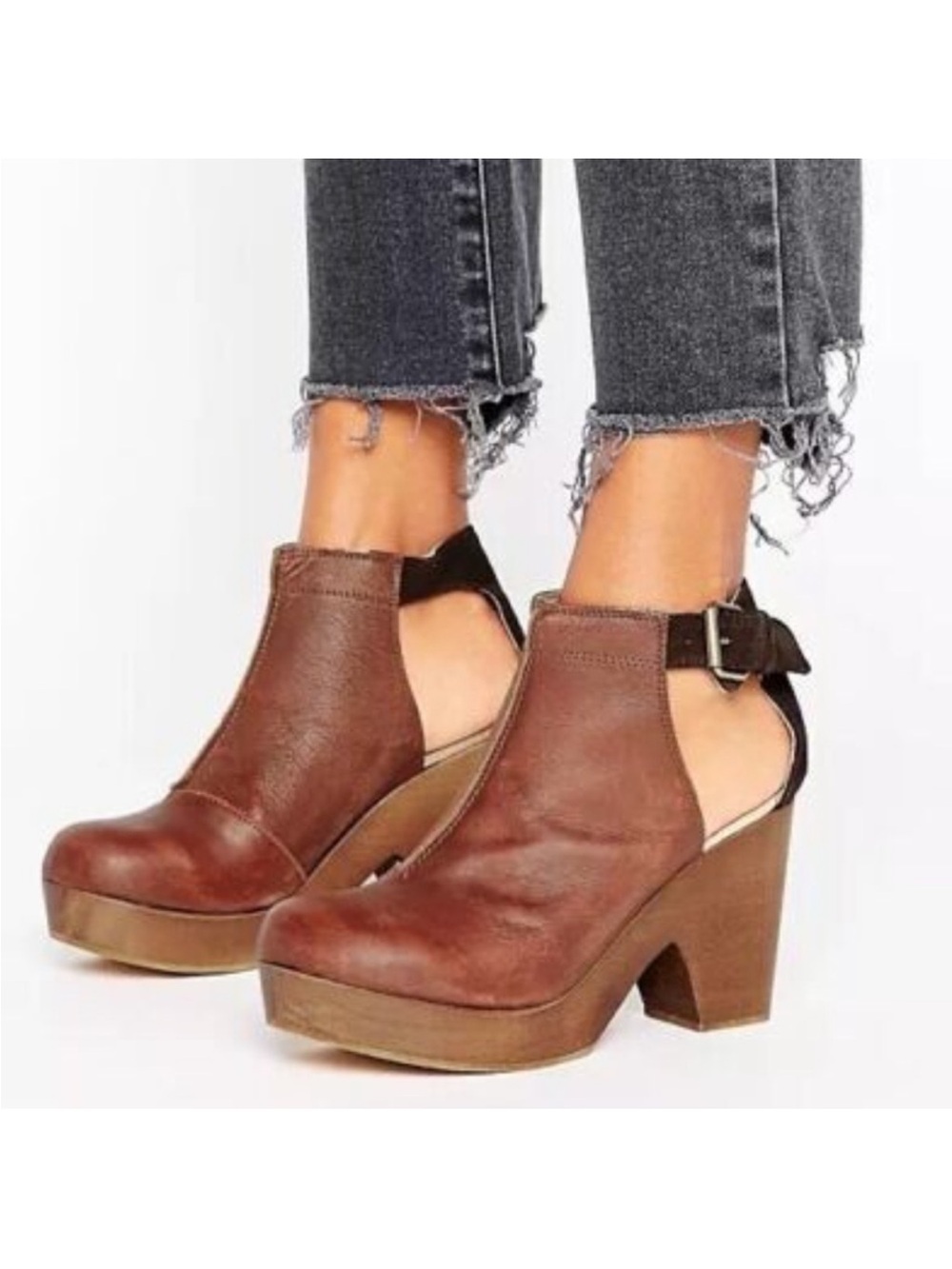 Free People Brown Leather Cutout Platform Heels with Buckle